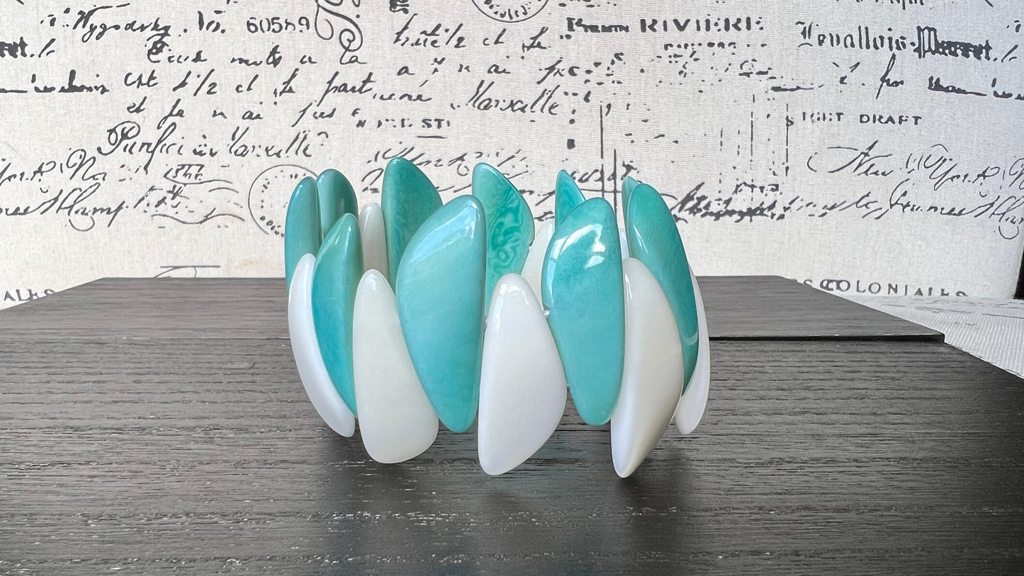 Turquoise green white beaded bracelet Stocking stuffers under 25 Tagua jewelry Multicolor stretch bangle Beach wedding trends Fall fashion