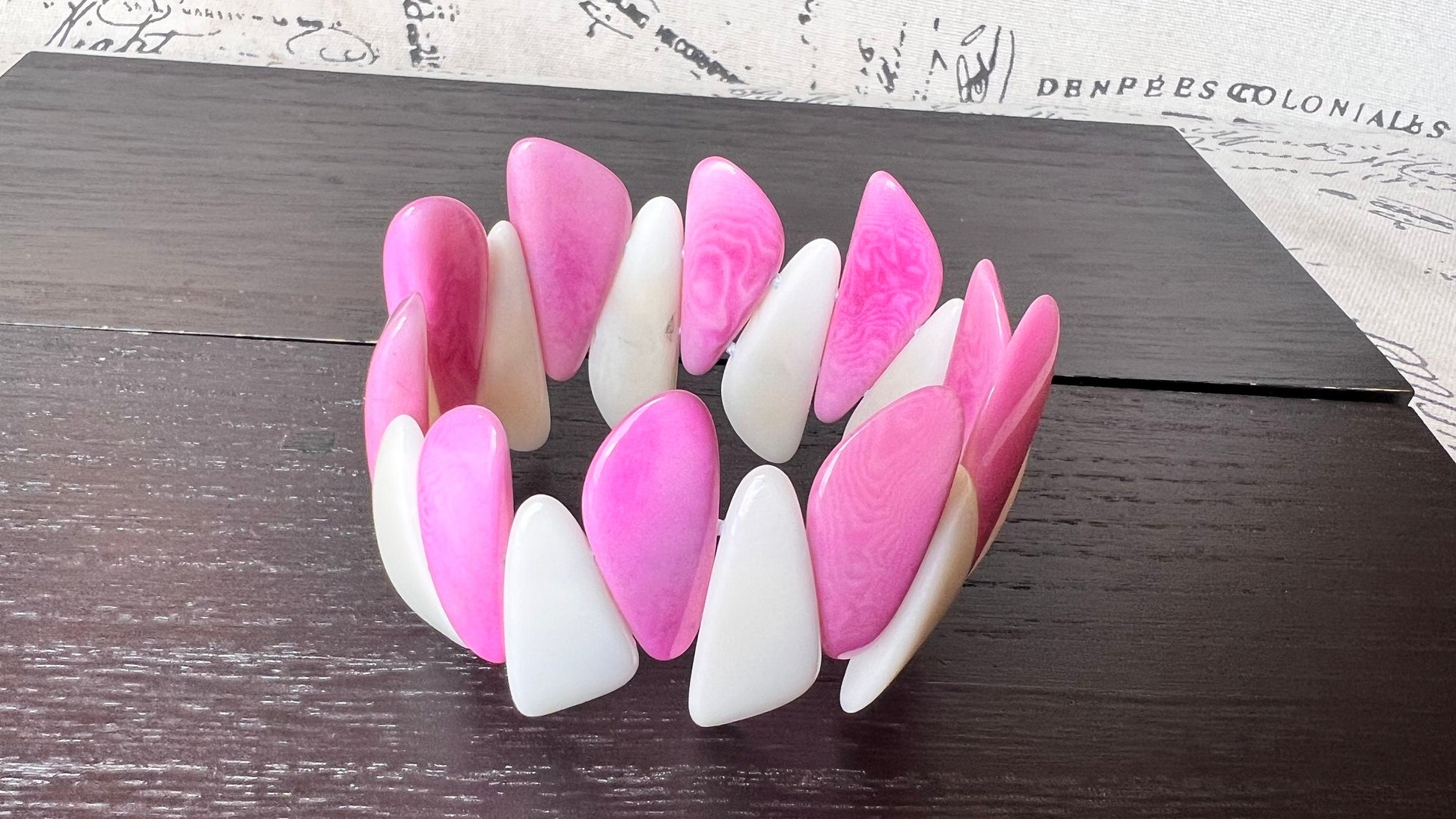Hot pink and white beaded bracelet Tagua jewelry Mother's day gifts under 25 Multicolor stretch bangle Beach wedding trends Summer style