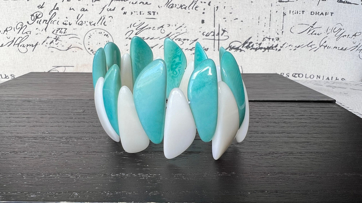 Turquoise green white beaded bracelet Stocking stuffers under 25 Tagua jewelry Multicolor stretch bangle Beach wedding trends Fall fashion