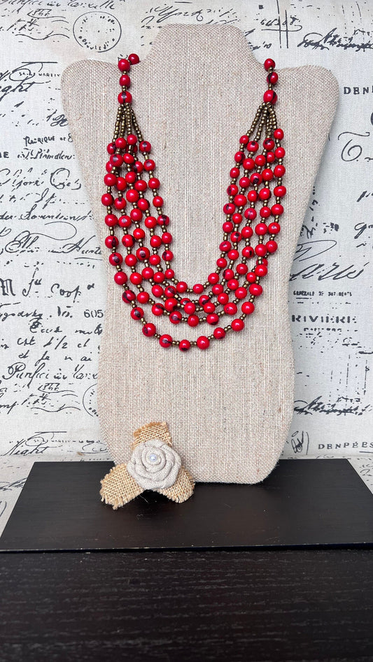 Beaded statement necklace Red long Acai seed necklace Lightweight jewelry Beach fashion trends Summer style Anniversary gifts for wife
