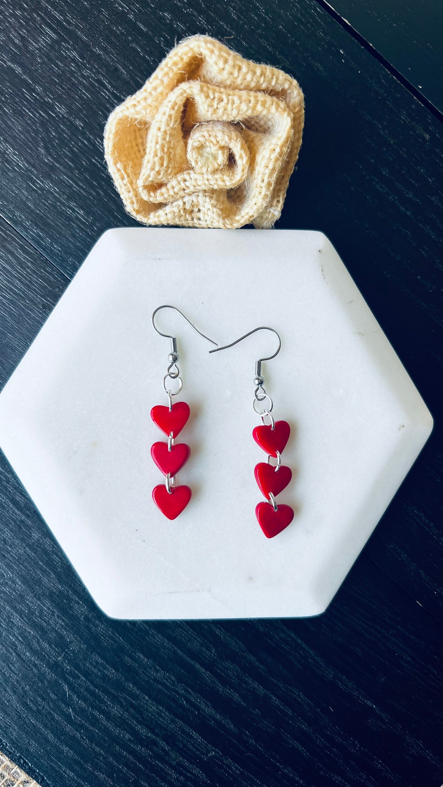 Christmas earrings Red hearts extra long statement earrings Tagua jewelry Xmas fashion Casual trendy drops Stocking stuffer Lightweight