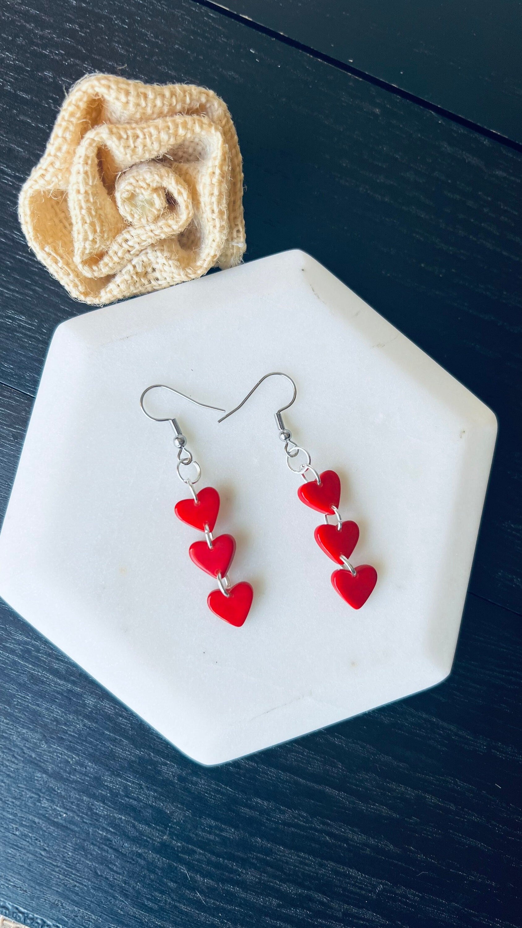 Christmas earrings Red hearts extra long statement earrings Tagua jewelry Xmas fashion Casual trendy drops Stocking stuffer Lightweight