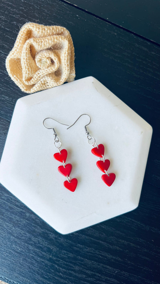 Christmas earrings Red hearts extra long statement earrings Tagua jewelry Xmas fashion Casual trendy drops Stocking stuffer Lightweight