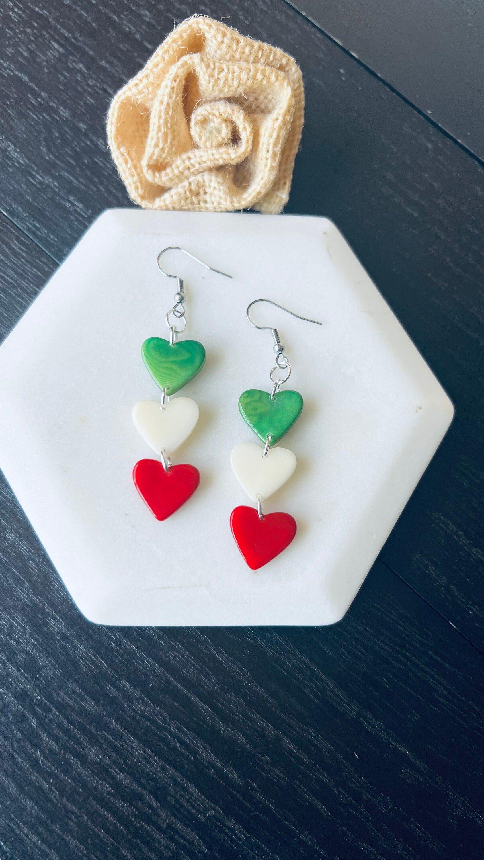 Spring earrings Red green and white hearts extra long statement earrings Tagua jewelry Beach fashion Casual trendy drops Mothers day gifts