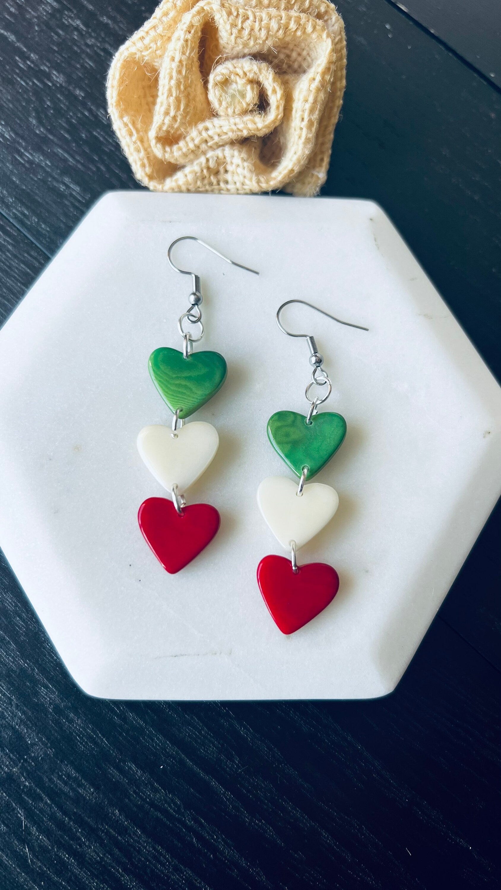 Spring earrings Red green and white hearts extra long statement earrings Tagua jewelry Beach fashion Casual trendy drops Mothers day gifts