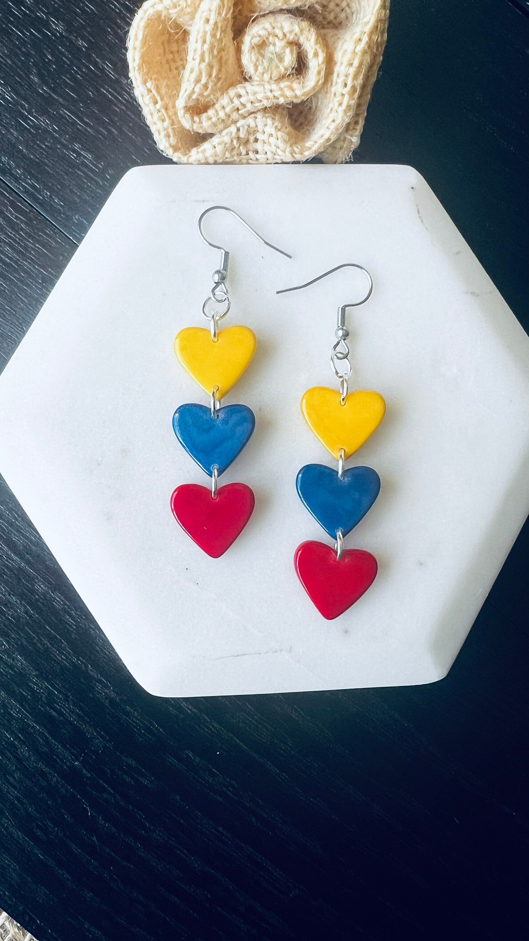 Ecuador flag earrings Yellow blue and red hearts extra long statement earrings Tagua jewelry Mother's day gifts Casual trendy drops