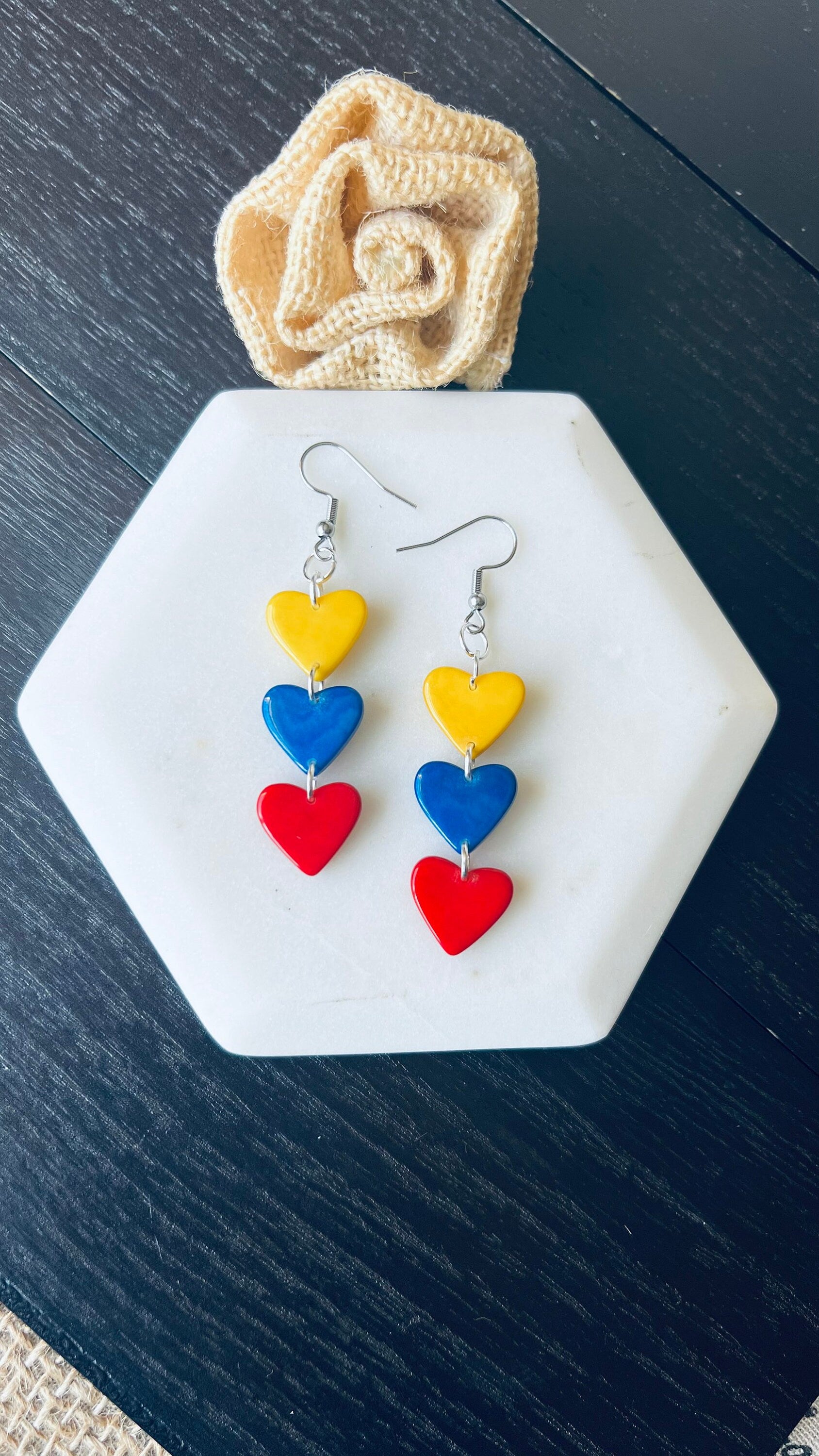 Ecuador flag earrings Yellow blue and red hearts extra long statement earrings Tagua jewelry Mother's day gifts Casual trendy drops