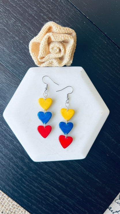Ecuador flag earrings Yellow blue and red hearts extra long statement earrings Tagua jewelry Mother's day gifts Casual trendy drops