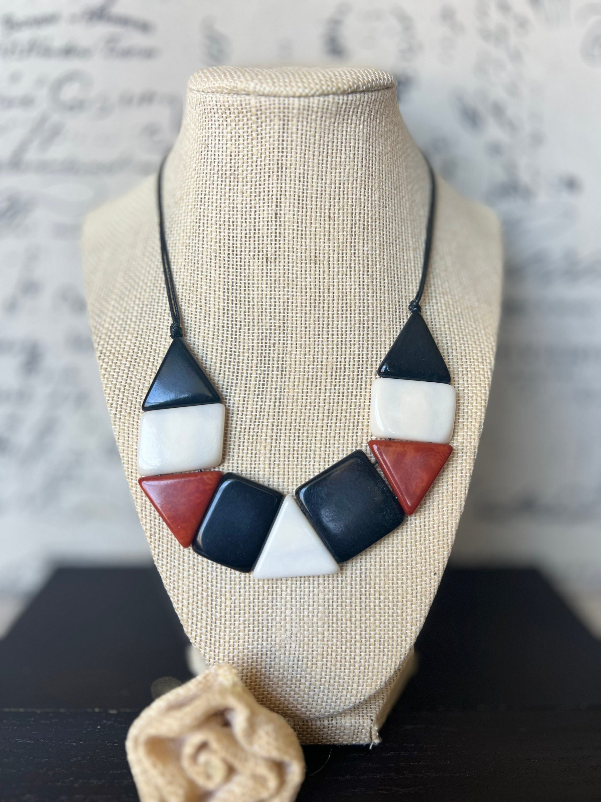 Black brown and white beaded necklace Tagua jewelry Christmas gift ideas Adjustable bib Anniversary present for wife Beach fashion trends