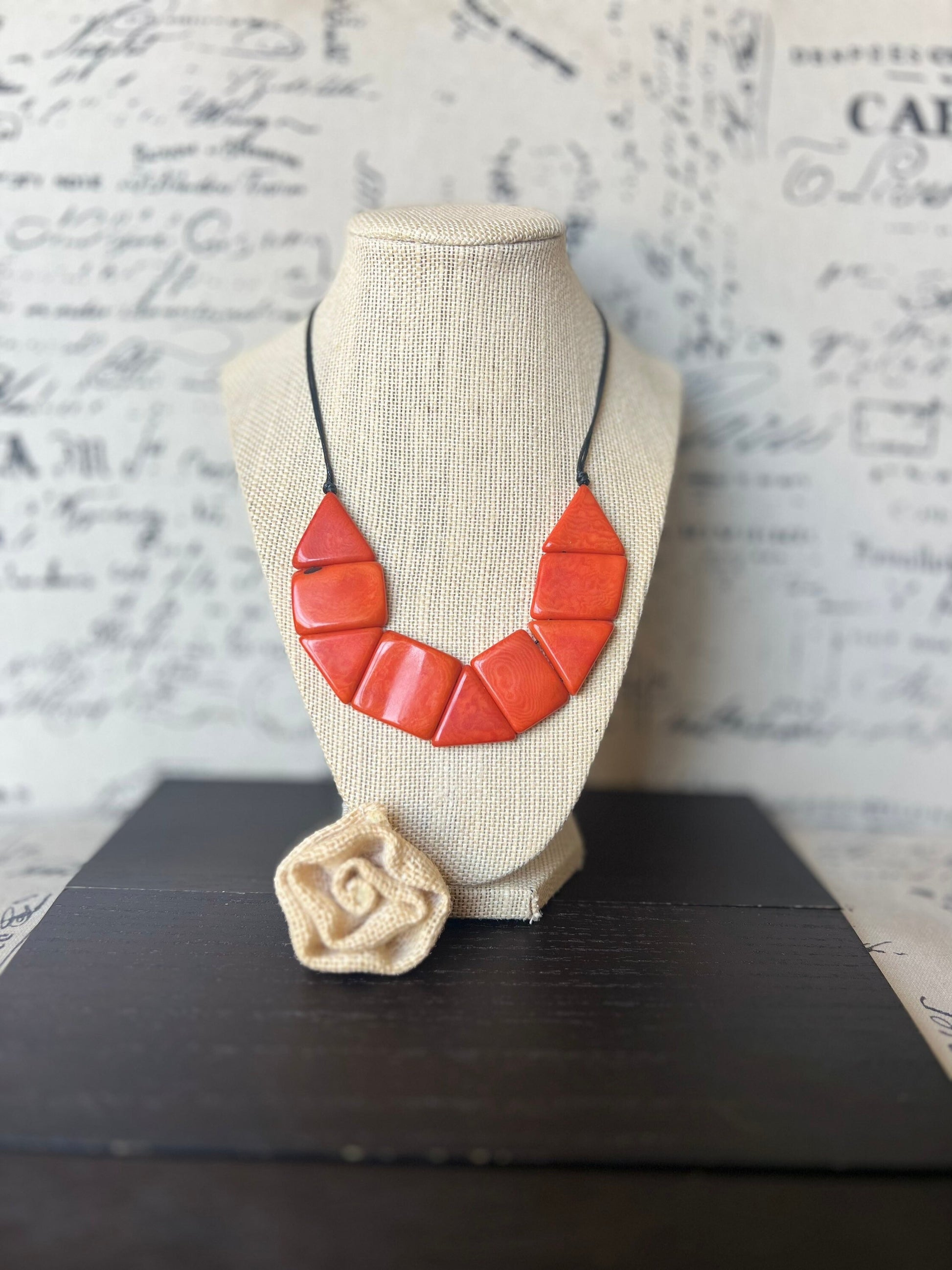 Orange beaded necklace Tagua jewelry Fall fashion trends Autumn style Anniversary present for wife Thanksgiving outfit Gift ideas for mom