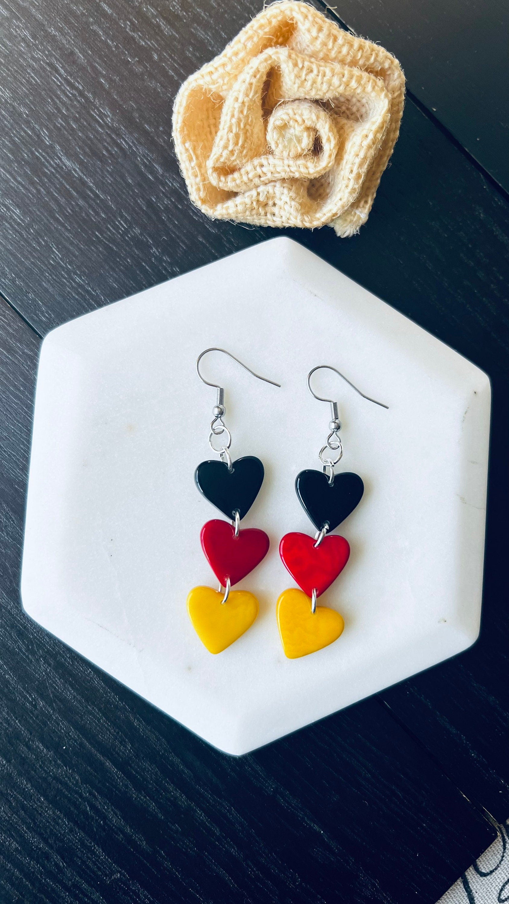 Red Yellow and Black earrings Tagua hearts extra long statement earrings Love jewelry Casual trendy drops Germany flag pride German gift
