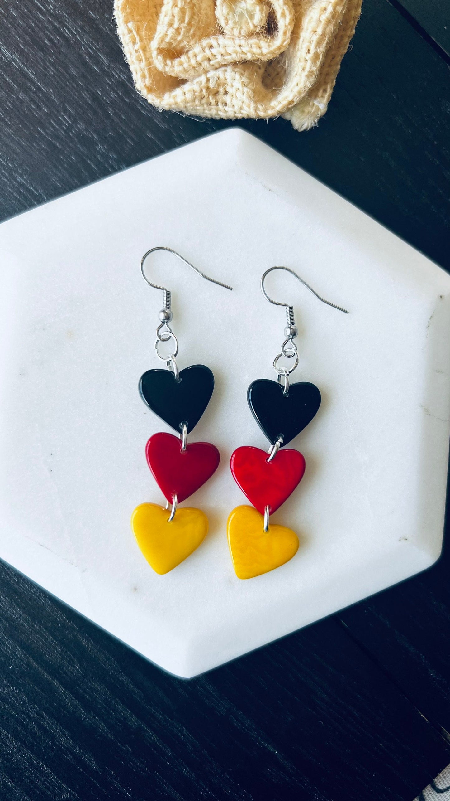 Red Yellow and Black earrings Tagua hearts extra long statement earrings Love jewelry Casual trendy drops Germany flag pride German gift