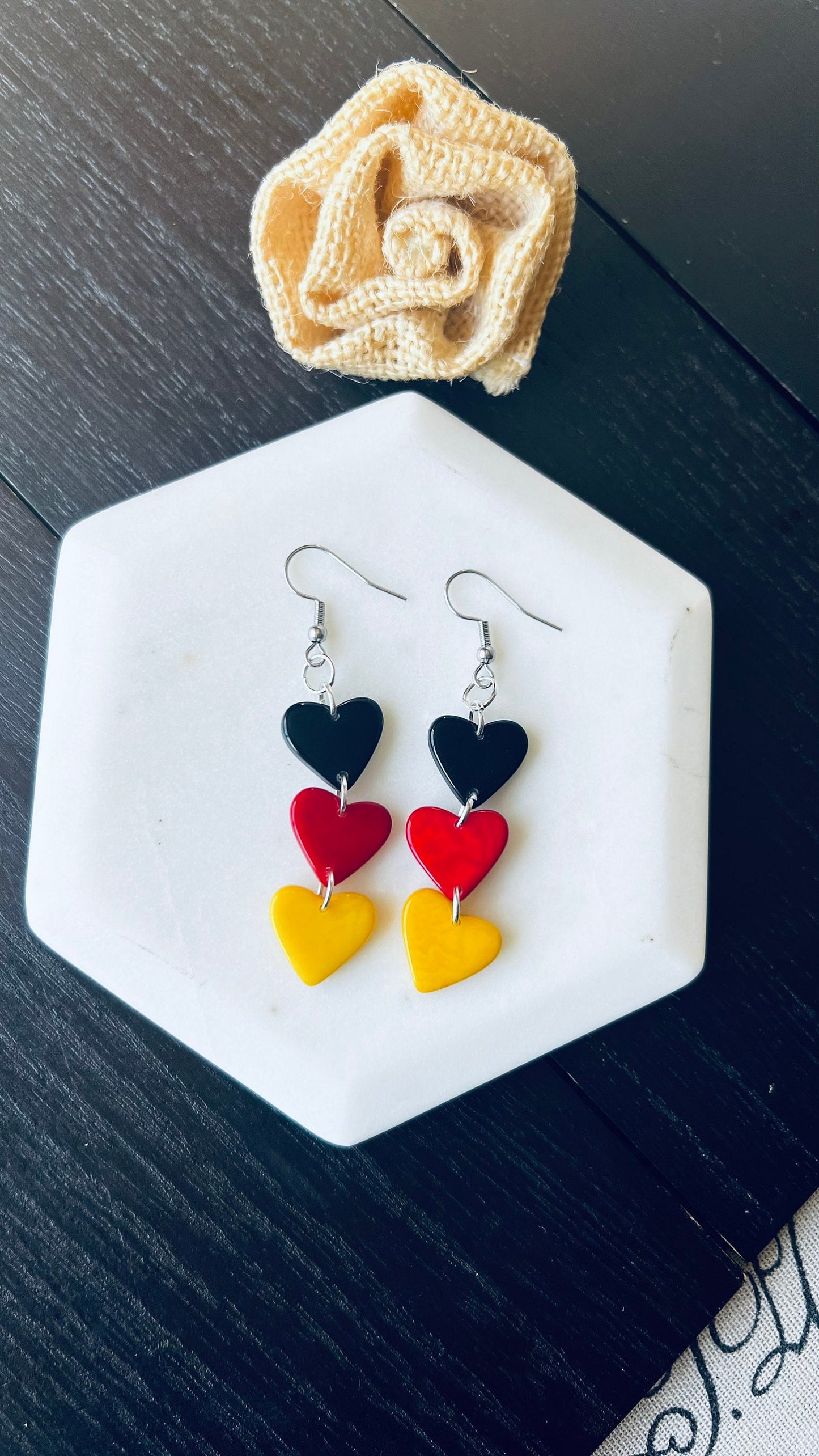 Red Yellow and Black earrings Tagua hearts extra long statement earrings Love jewelry Casual trendy drops Germany flag pride German gift