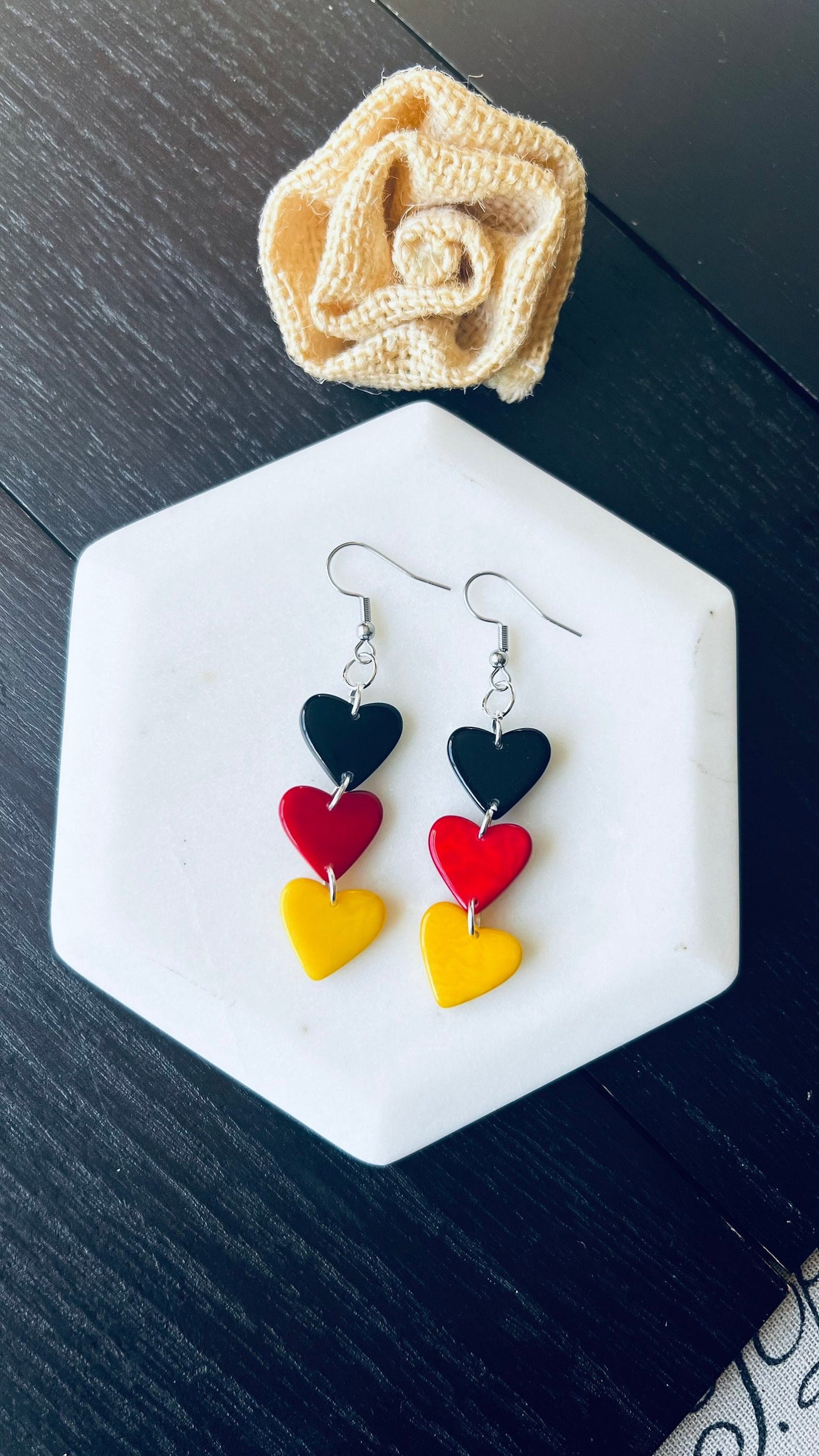 Red Yellow and Black earrings Tagua hearts extra long statement earrings Love jewelry Casual trendy drops Germany flag pride German gift