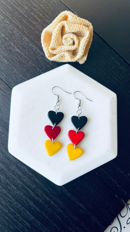 Red Yellow and Black earrings Tagua hearts extra long statement earrings Love jewelry Casual trendy drops Germany flag pride German gift