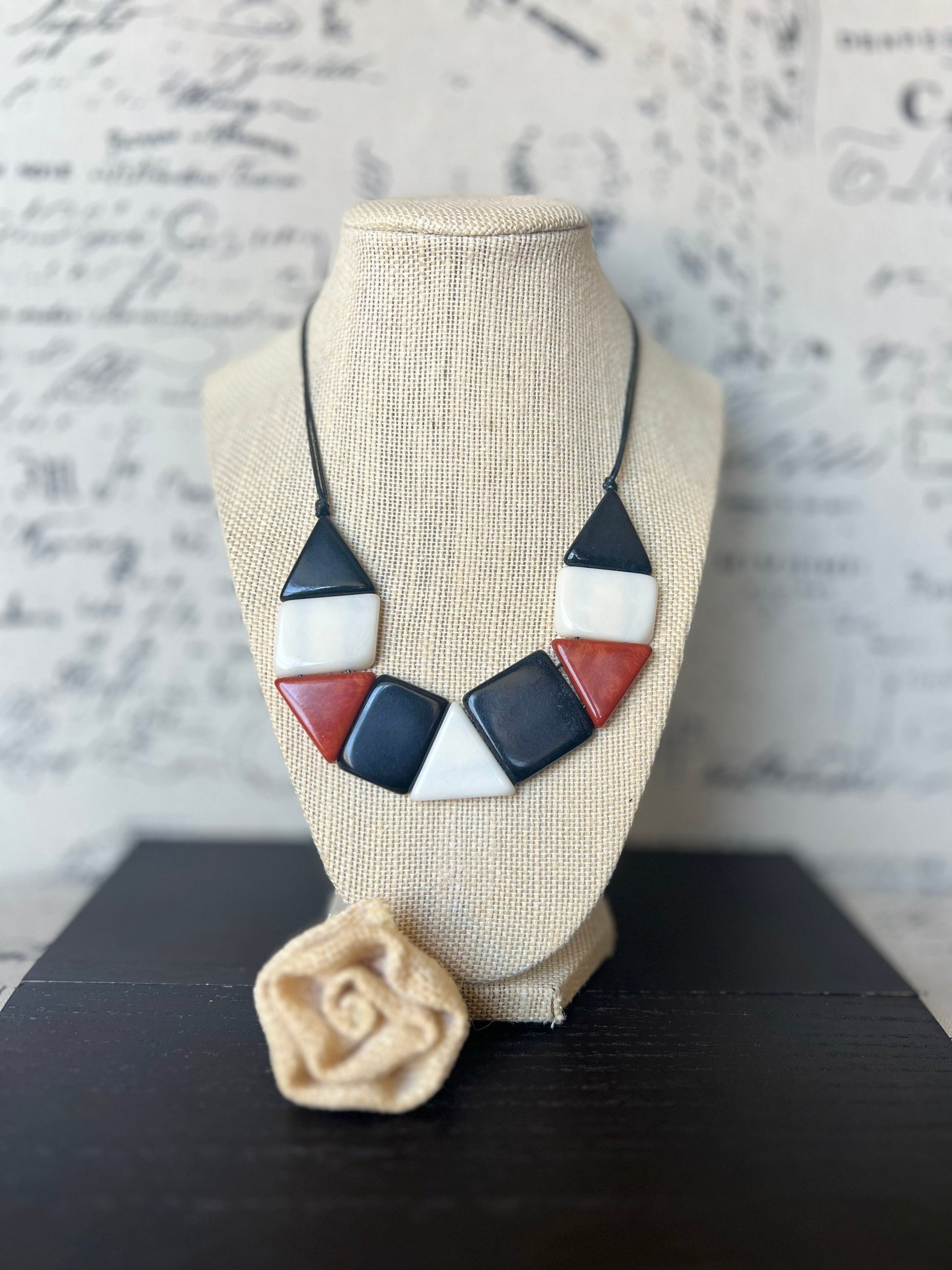 Black brown and white beaded necklace Tagua jewelry Christmas gift ideas Adjustable bib Anniversary present for wife Beach fashion trends