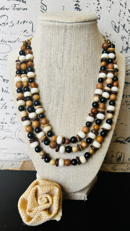 Necklace for women Brown white and black fashion multi strand necklace Lightweight with gold chain Multi layer bib adjustable Tagua necklace