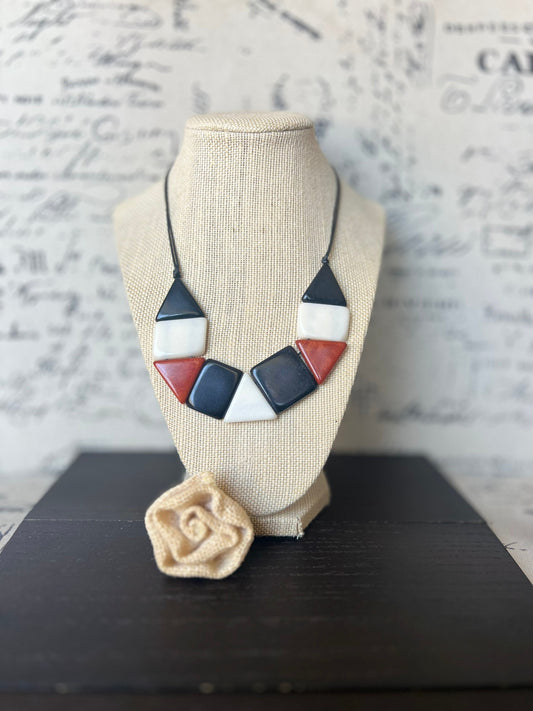 Black brown and white beaded necklace Tagua jewelry Christmas gift ideas Adjustable bib Anniversary present for wife Beach fashion trends