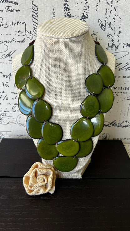 Olive green statement necklace Tagua jewelry Big bold chunky necklace Spring fashion trends Double layer bib Anniversary gift 2 two Strand