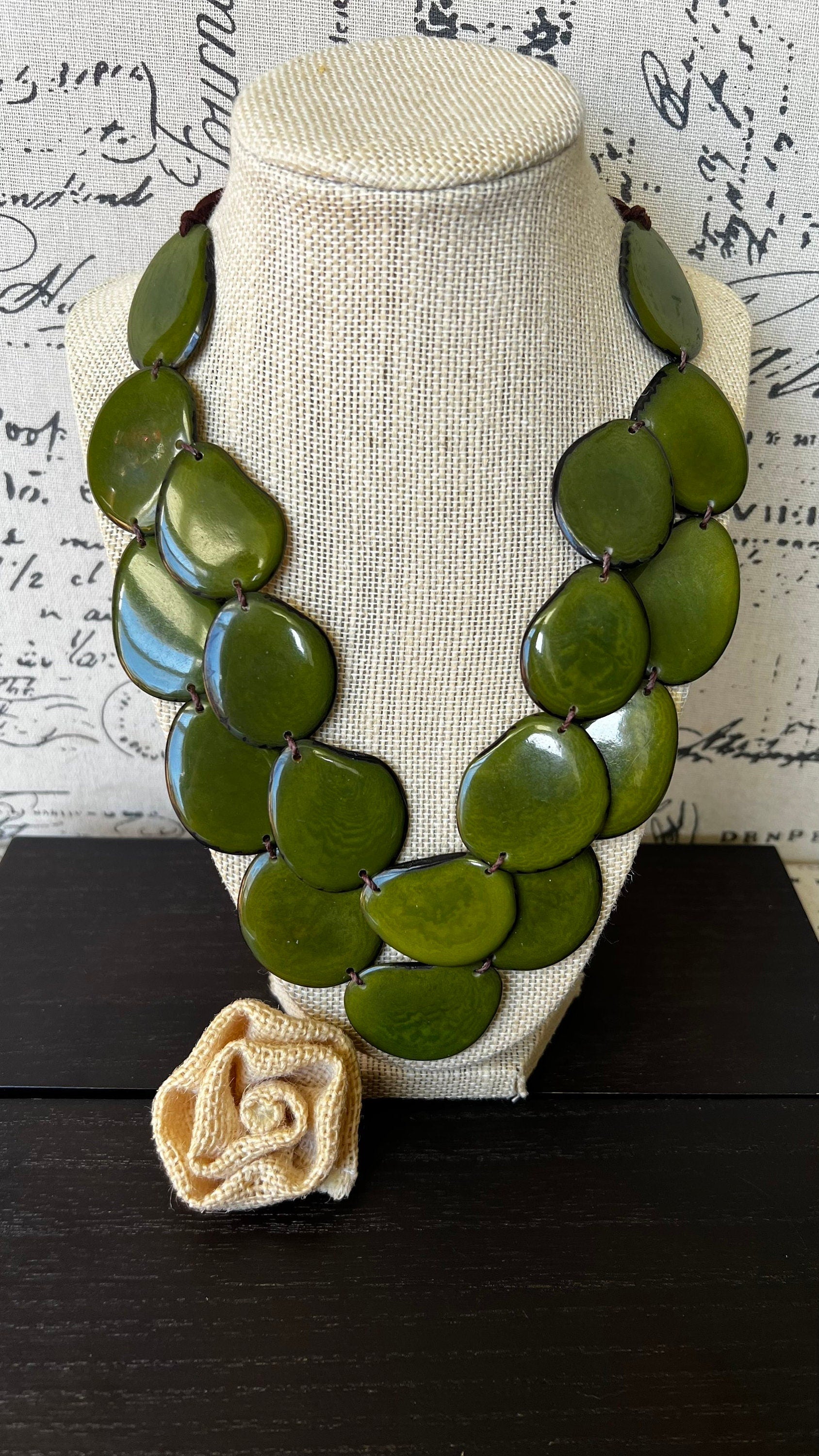 Olive green statement necklace Tagua jewelry Big bold chunky necklace Spring fashion trends Double layer bib Anniversary gift 2 two Strand