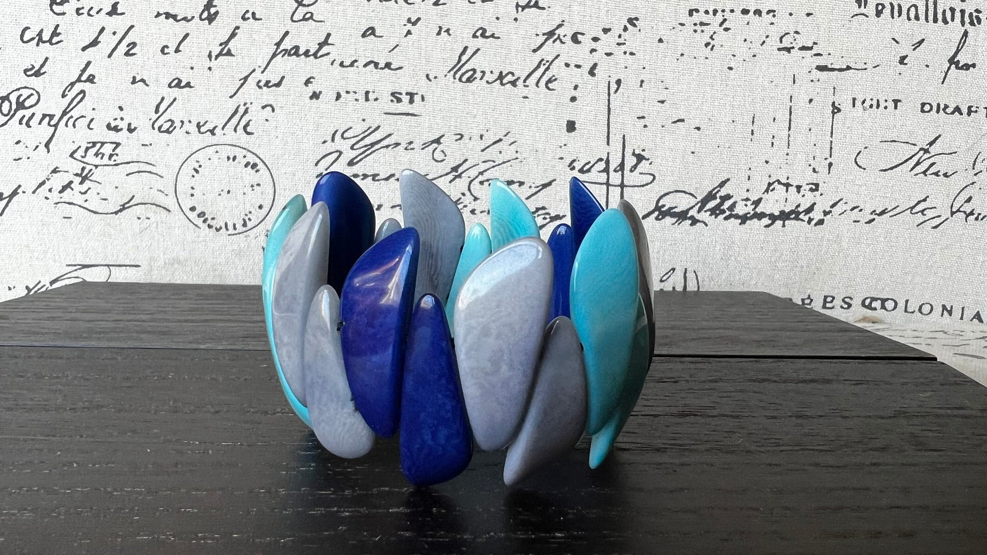 Turquoise blue and gray beaded bracelet Tagua jewelry Easter basket gift under 25 Multicolor stretch bangle Beach wedding trend Spring style