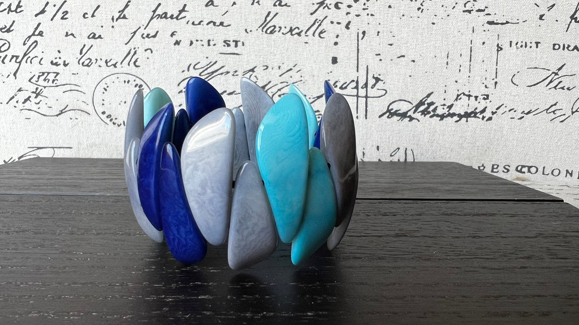 Turquoise blue and gray beaded bracelet Tagua jewelry Easter basket gift under 25 Multicolor stretch bangle Beach wedding trend Spring style