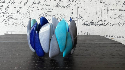 Turquoise blue and gray beaded bracelet Tagua jewelry Easter basket gift under 25 Multicolor stretch bangle Beach wedding trend Spring style