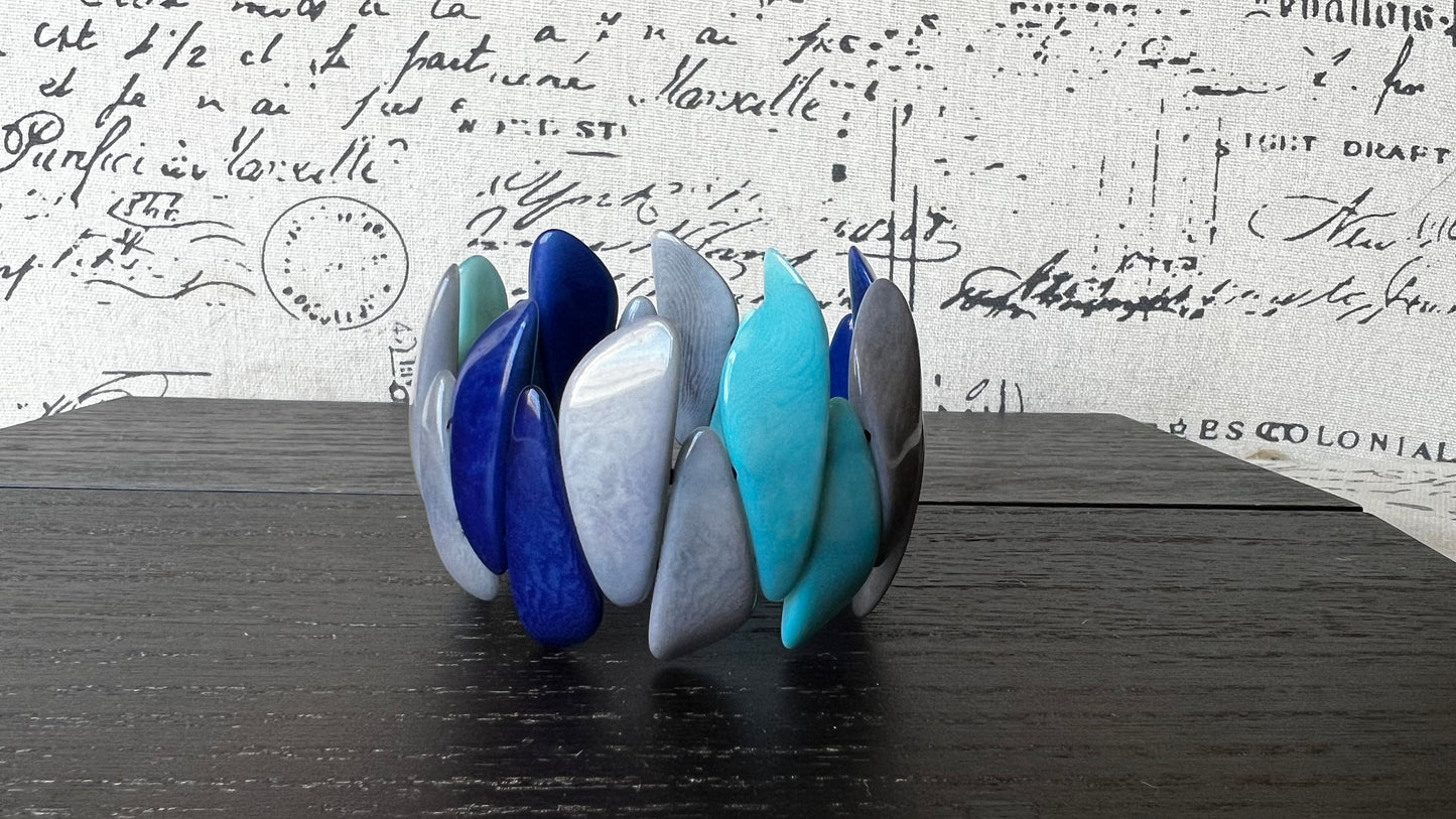 Turquoise blue and gray beaded bracelet Tagua jewelry Easter basket gift under 25 Multicolor stretch bangle Beach wedding trend Spring style