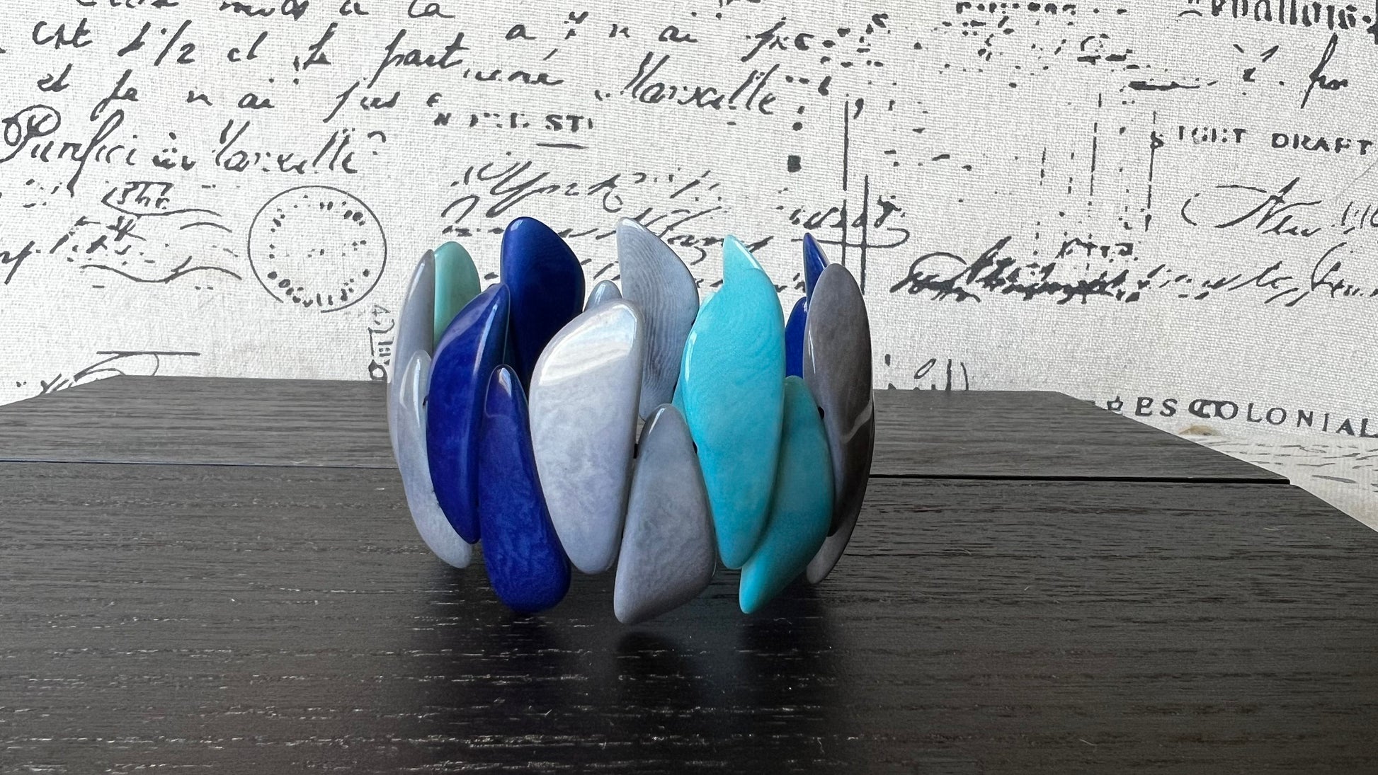 Turquoise blue and gray beaded bracelet Tagua jewelry Easter basket gift under 25 Multicolor stretch bangle Beach wedding trend Spring style