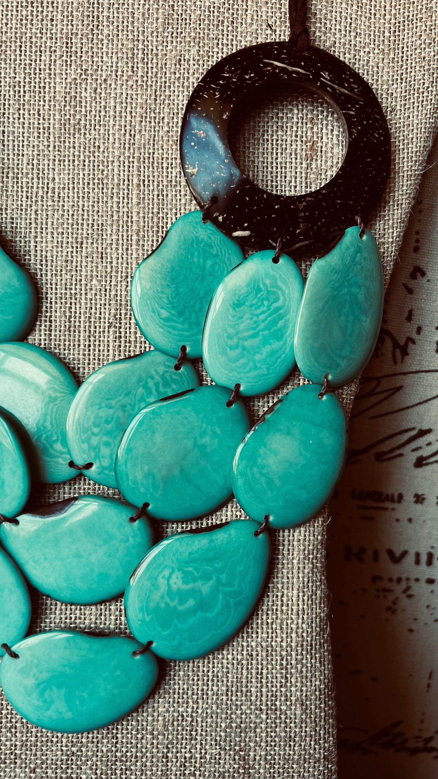 Turquoise green Tagua necklace with coconut shell accents Statement necklace Layered beaded bib with leather strap Big bold chunky necklace