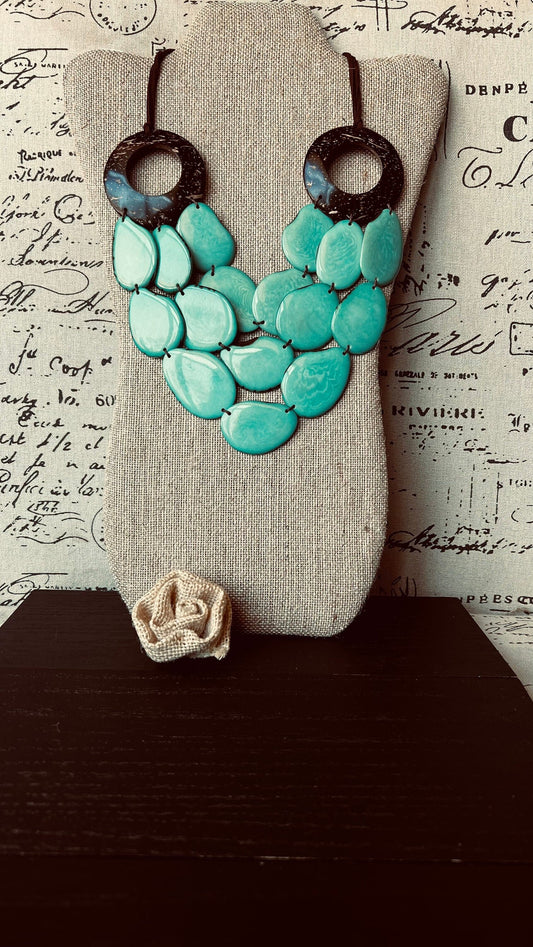 Turquoise green Tagua necklace with coconut shell accents Statement necklace Layered beaded bib with leather strap Big bold chunky necklace