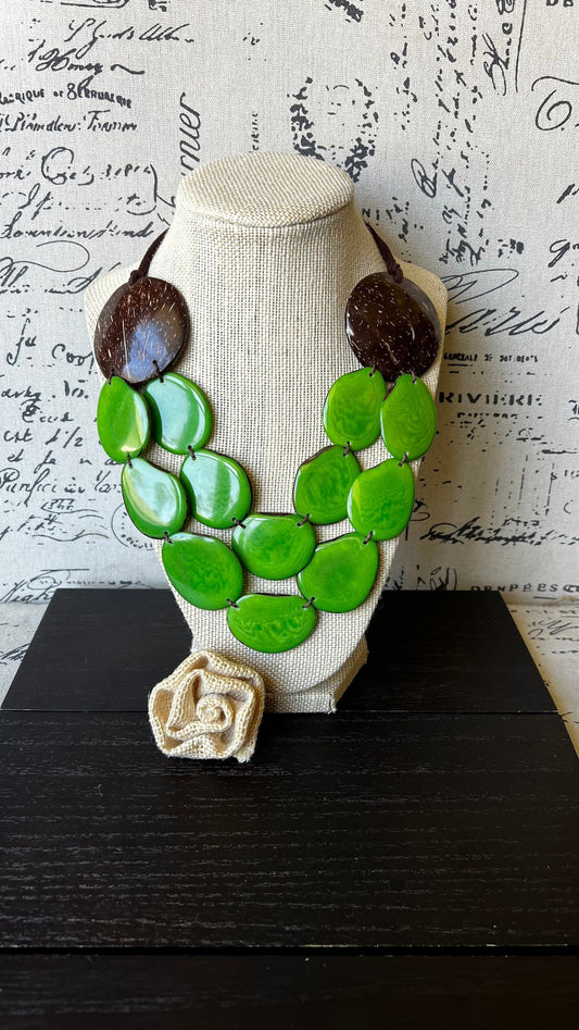 Green statement necklace Tagua jewelry with coconut shell accent Big bold chunky necklace Spring fashion trends Double layer bib Lightweight