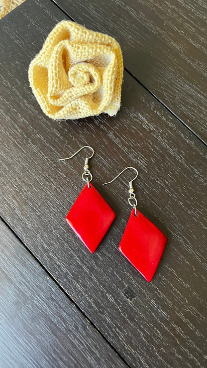 Red Tagua earrings Geometric drops Lightweight earrings Long beaded dangles Easter basket gifts under 15 Anniversary gift ideas for wife