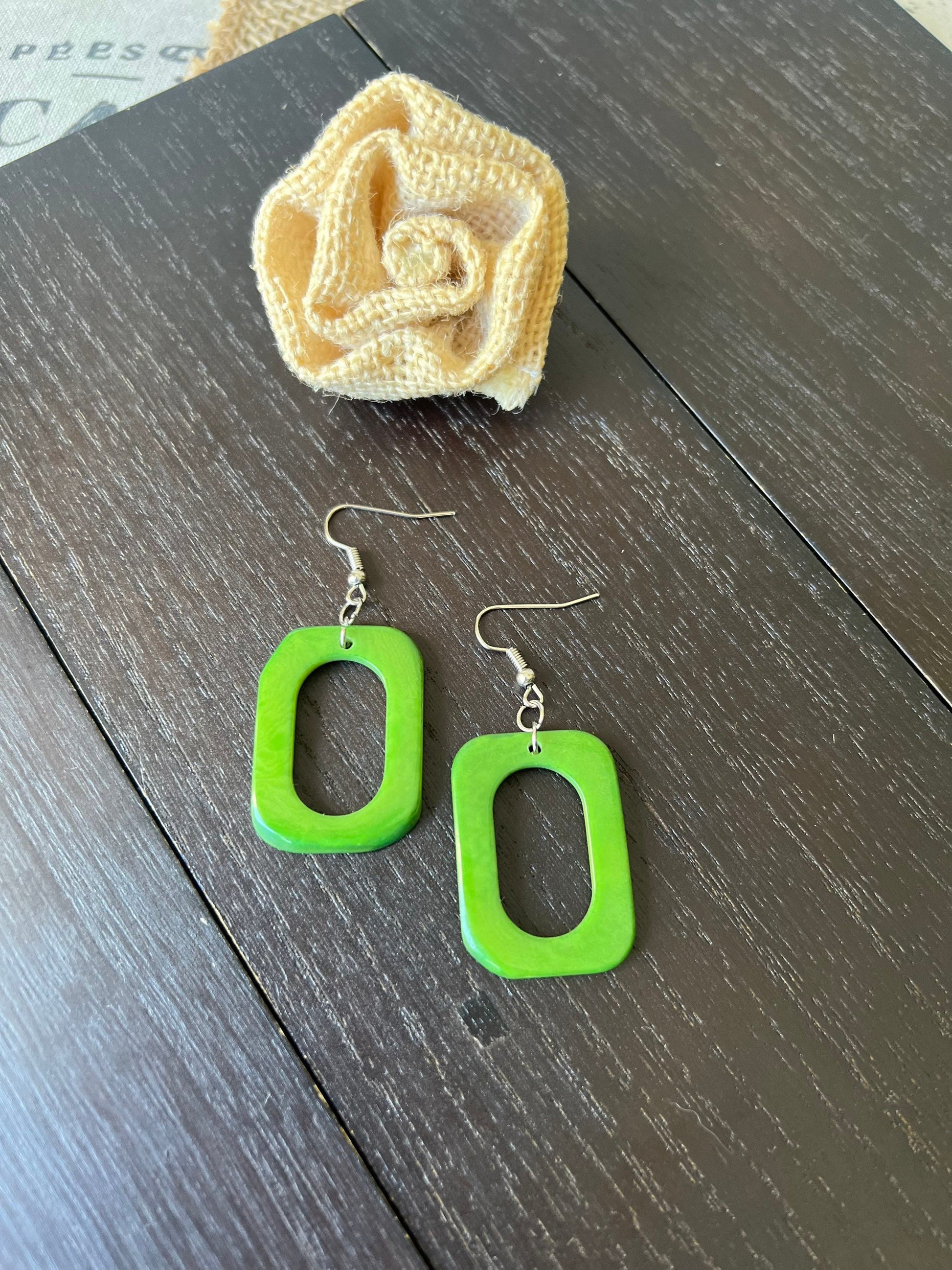 Green geometric earrings Tagua nut jewelry Mod boho earrings Rectangle jewelry Long statement dangles Artisan handmade Beach fashion style