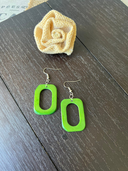 Green geometric earrings Tagua nut jewelry Mod boho earrings Rectangle jewelry Long statement dangles Artisan handmade Beach fashion style