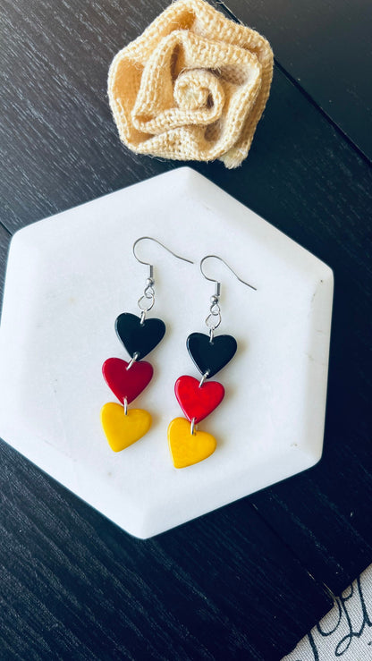 Red Yellow and Black earrings Tagua hearts extra long statement earrings Love jewelry Casual trendy drops Germany flag pride German gift