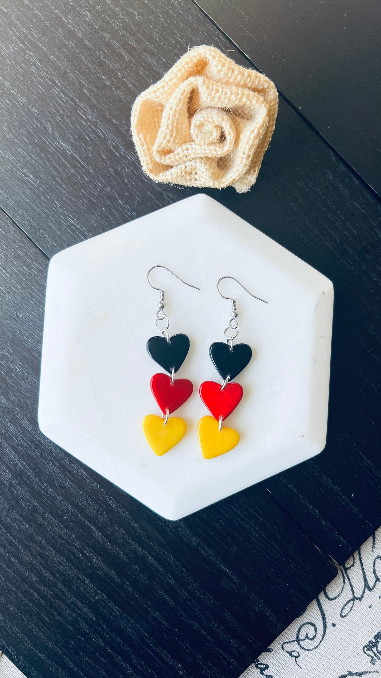 Red Yellow and Black earrings Tagua hearts extra long statement earrings Love jewelry Casual trendy drops Germany flag pride German gift