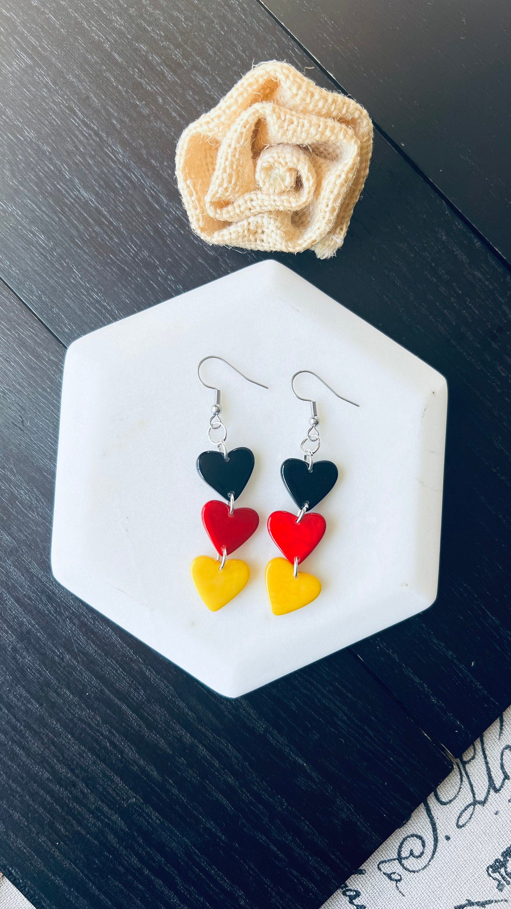 Red Yellow and Black earrings Tagua hearts extra long statement earrings Love jewelry Casual trendy drops Germany flag pride German gift