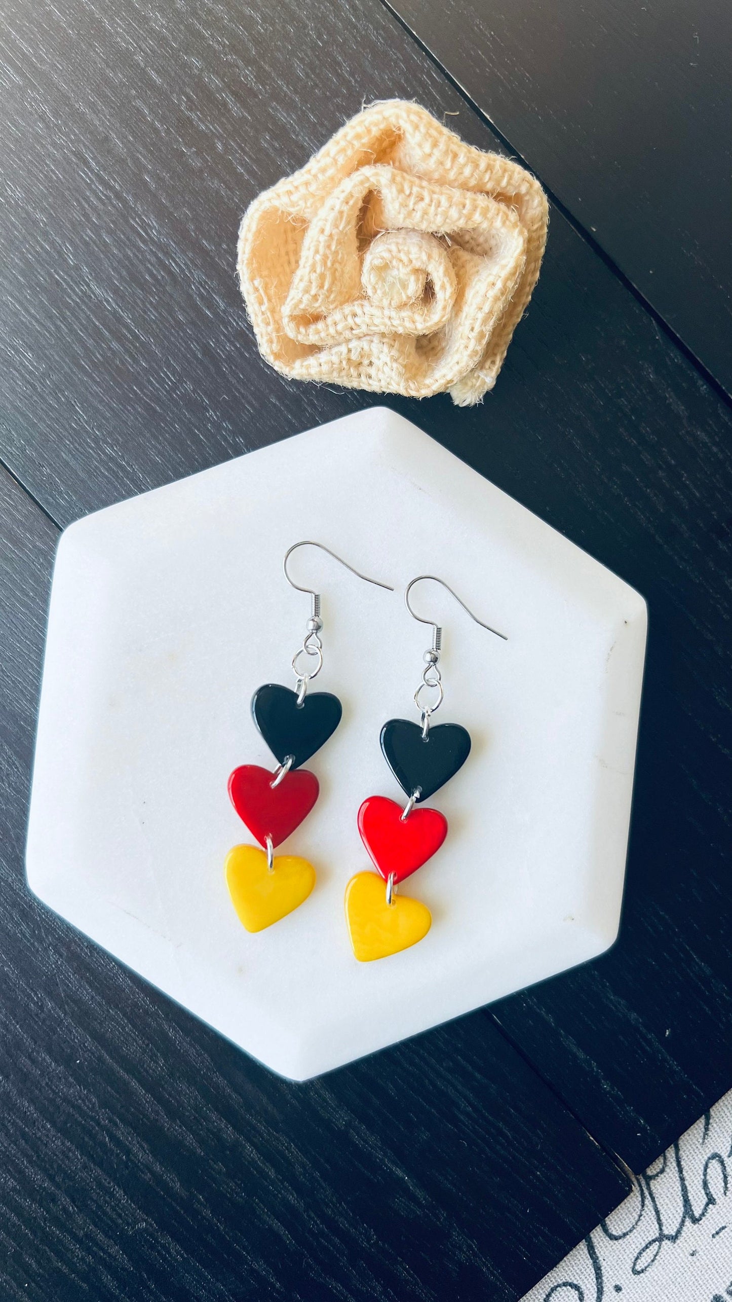 Red Yellow and Black earrings Tagua hearts extra long statement earrings Love jewelry Casual trendy drops Germany flag pride German gift