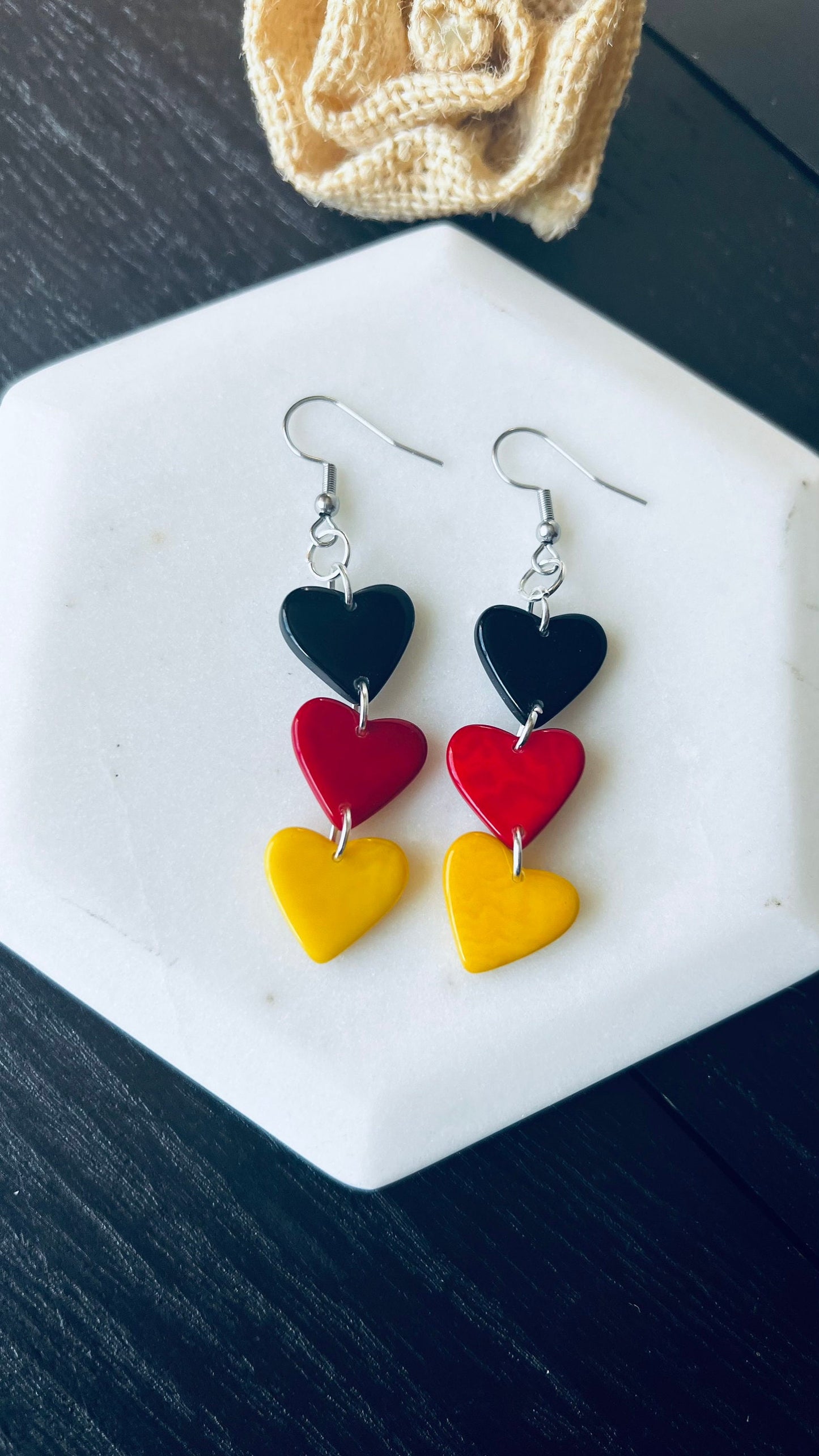 Red Yellow and Black earrings Tagua hearts extra long statement earrings Love jewelry Casual trendy drops Germany flag pride German gift