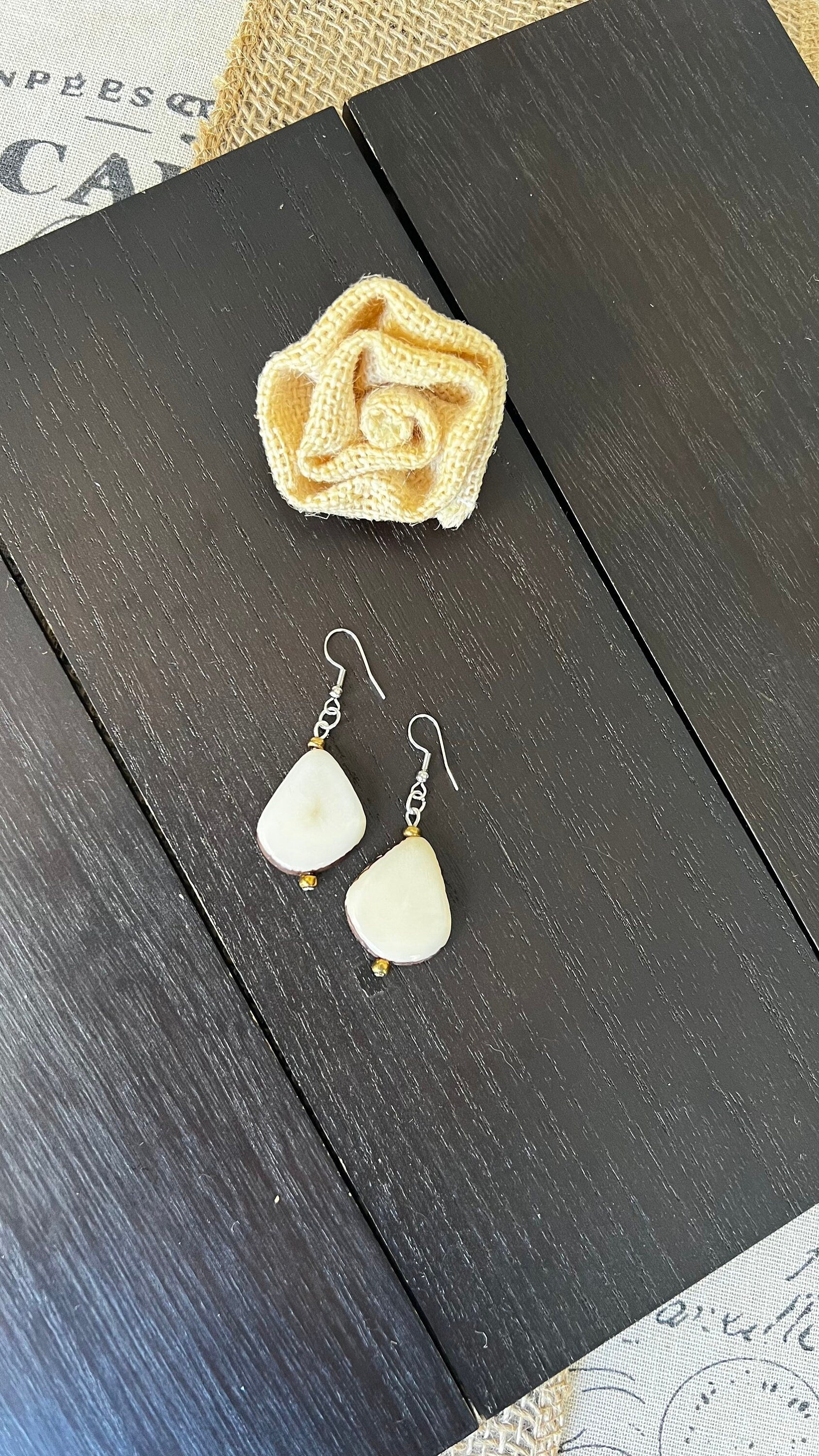 Ivory white Tagua earrings Geometric drops Lightweight earrings Long beaded dangles Gifts under 15 Custom jewelry Anniversary gifts