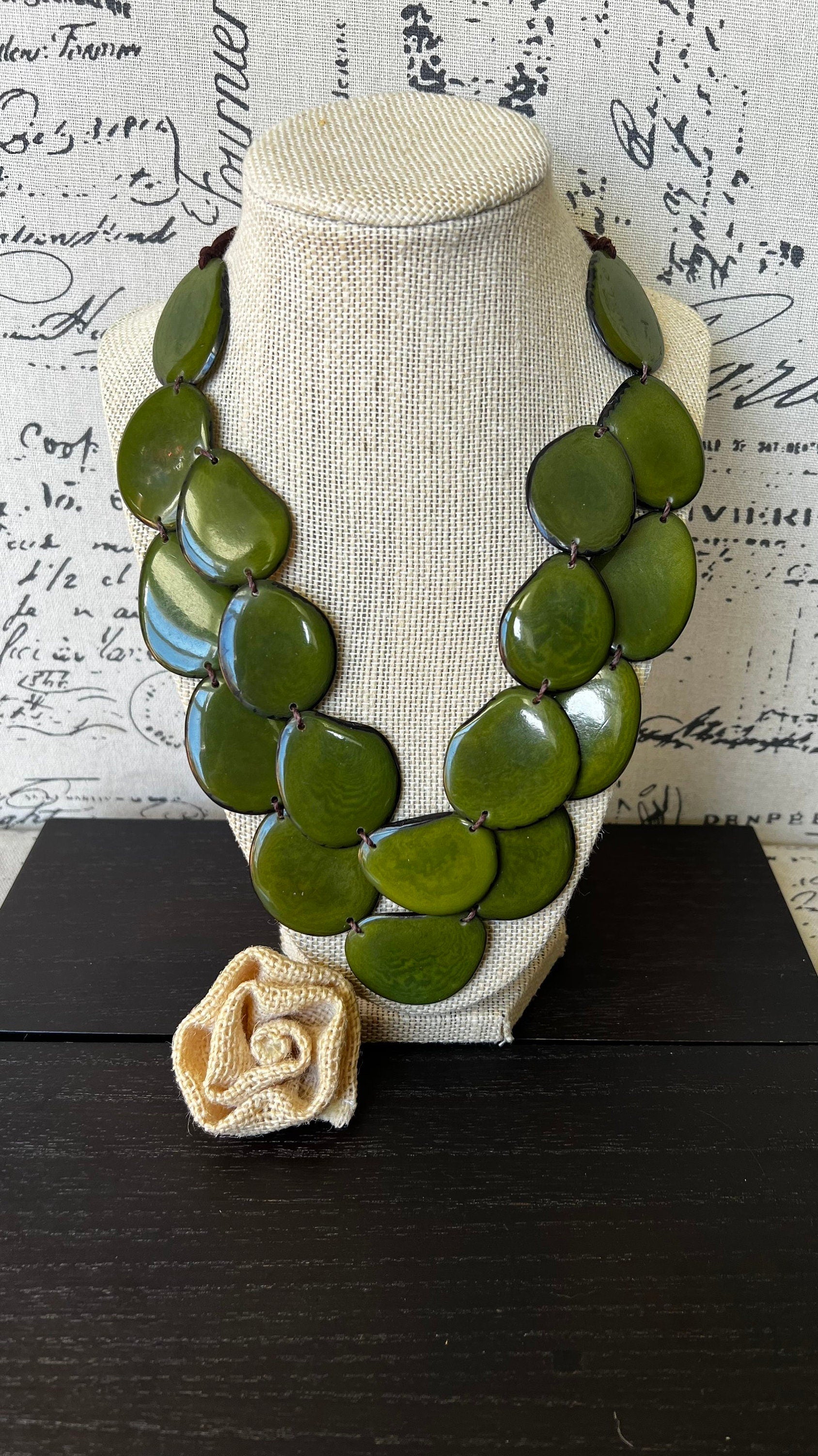 Olive green statement necklace Tagua jewelry Big bold chunky necklace Spring fashion trends Double layer bib Anniversary gift 2 two Strand