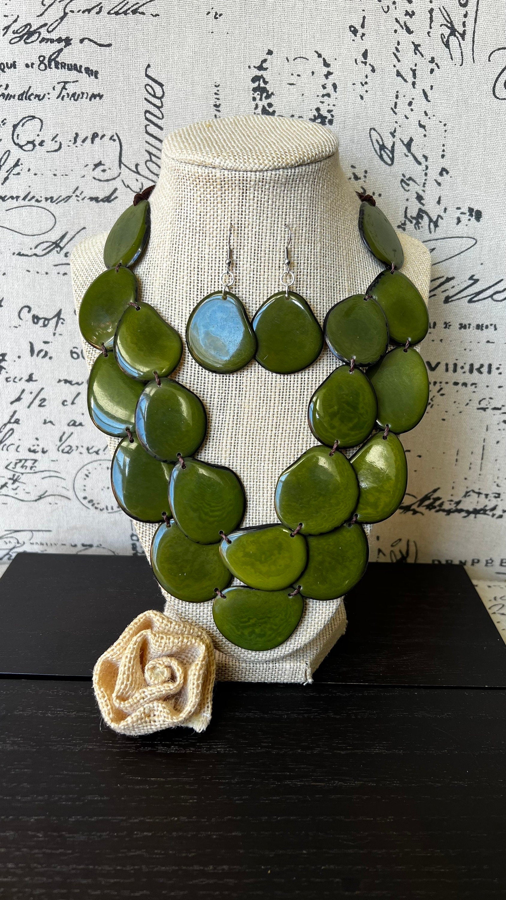 Olive green statement necklace Tagua jewelry Big bold chunky necklace Spring fashion trends Double layer bib Anniversary gift 2 two Strand