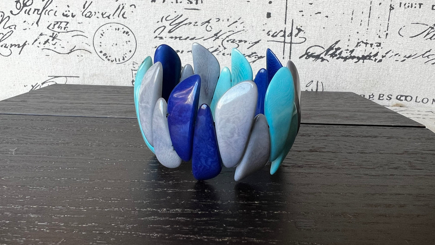 Turquoise blue and gray beaded bracelet Tagua jewelry Easter basket gift under 25 Multicolor stretch bangle Beach wedding trend Spring style