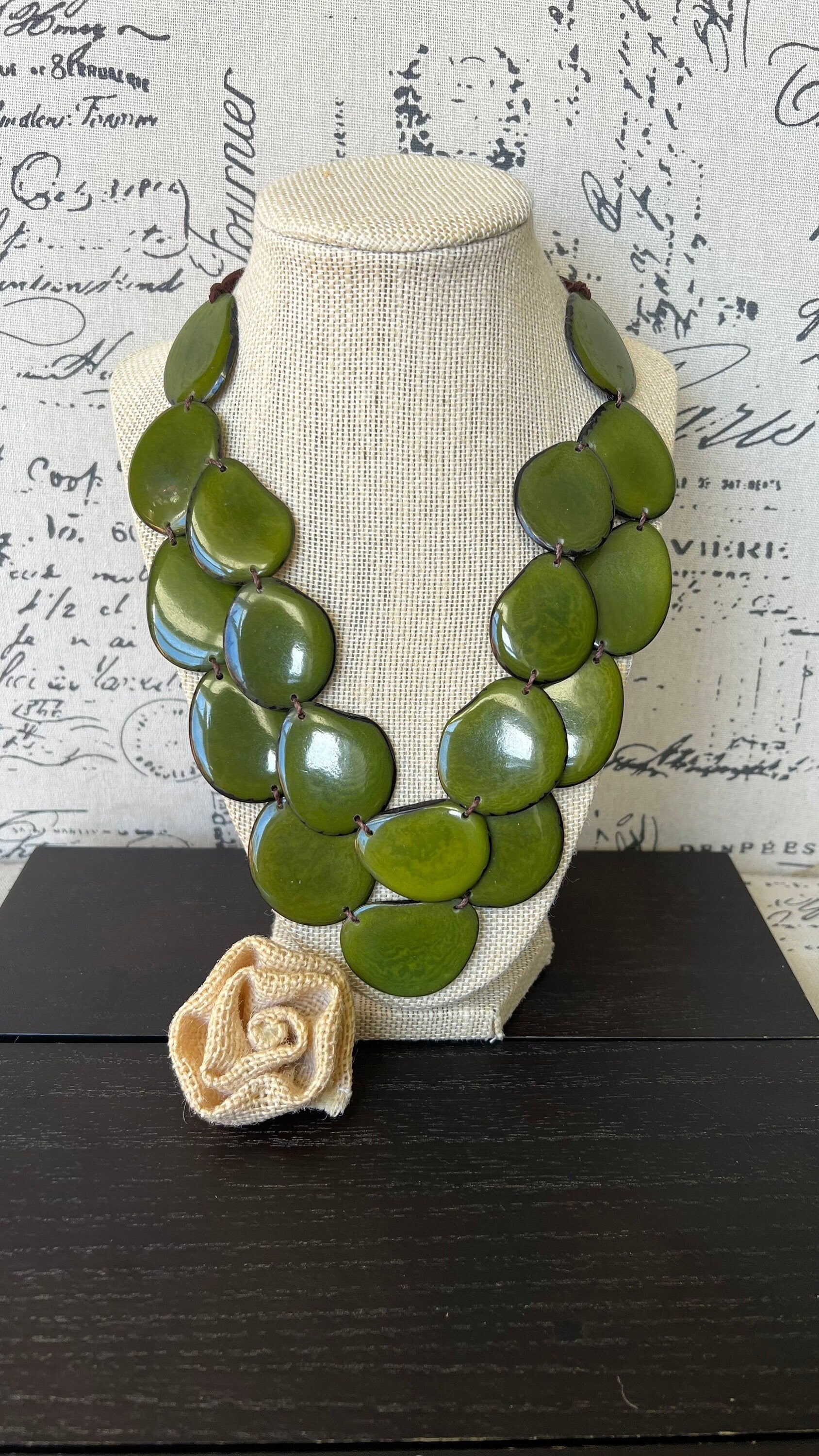 Olive green statement necklace Tagua jewelry Big bold chunky necklace Spring fashion trends Double layer bib Anniversary gift 2 two Strand