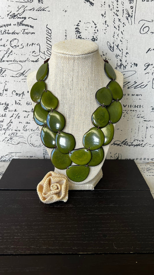 Olive green statement necklace Tagua jewelry Big bold chunky necklace Spring fashion trends Double layer bib Anniversary gift 2 two Strand