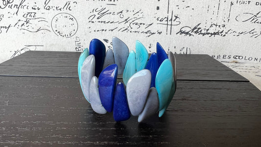 Turquoise blue and gray beaded bracelet Tagua jewelry Easter basket gift under 25 Multicolor stretch bangle Beach wedding trend Spring style