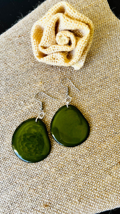 Olive green statement earrings Tagua jewelry Spring fashion trends Birthday present for women Handmade beads from Ecuador Long chunky drop
