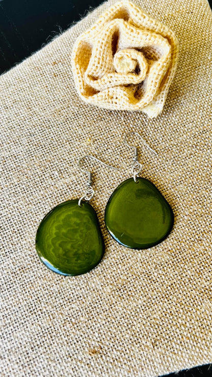 Olive green statement earrings Tagua jewelry Spring fashion trends Birthday present for women Handmade beads from Ecuador Long chunky drop