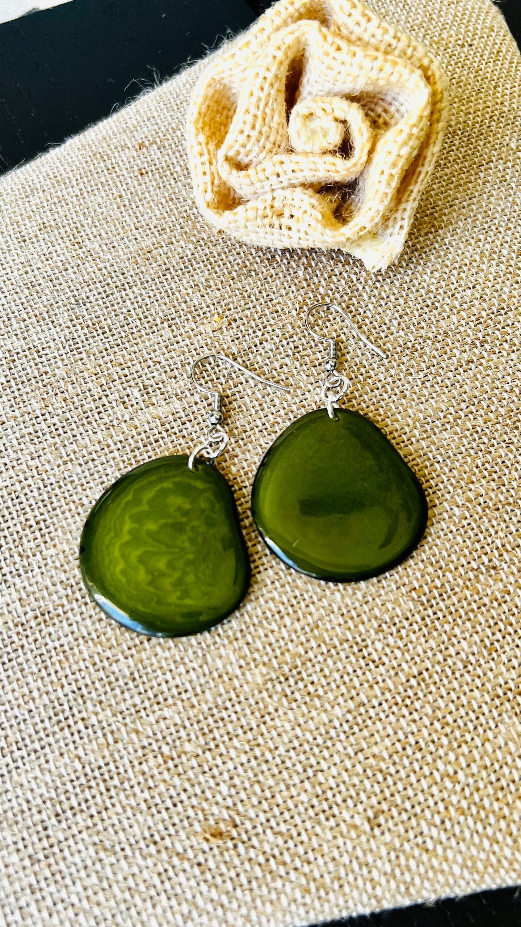 Olive green statement earrings Tagua jewelry Spring fashion trends Birthday present for women Handmade beads from Ecuador Long chunky drop